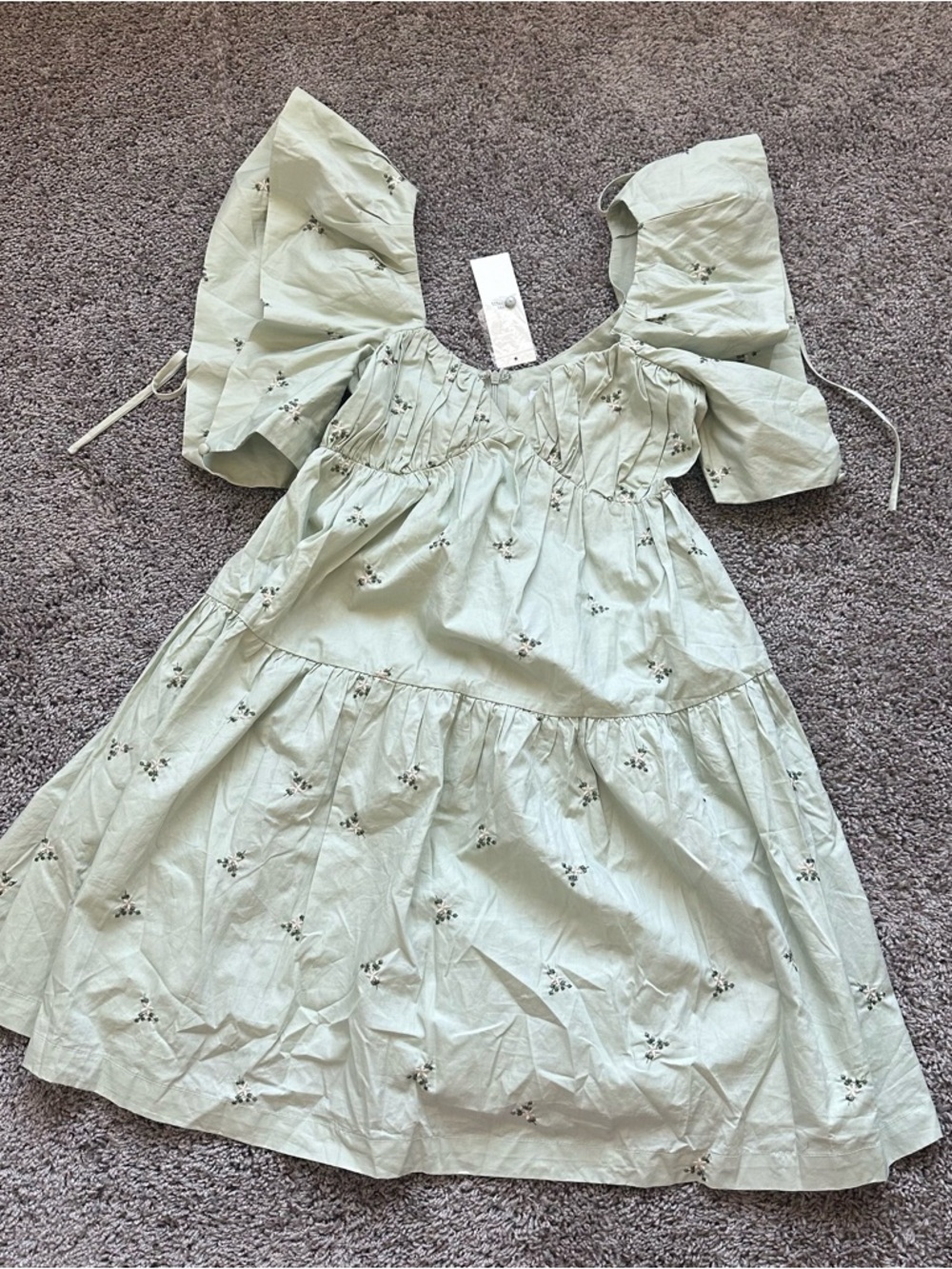 En Saison Puff Sleeve Tiered Mini Dress - Sage Green with Floral Embroidery